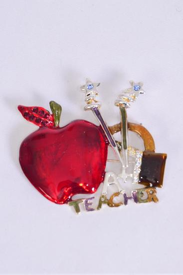 Brooch Enamel Teacher Apple Silver / 12 pcs = Dozen Silver , Size - 2" x 1.75" Wide , Velvet Display Card & Opp Bag 