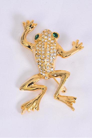 Brooch Gold Frog Rhinestones / 12 pcs = Dozen Size - 2.5" x 1.75" Wide , Display Card & OPP Bag