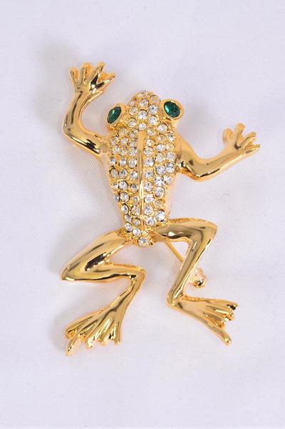 Brooch Gold Frog Rhinestones / 12 pcs = Dozen Size - 2.5" x 1.75" Wide , Display Card & OPP Bag