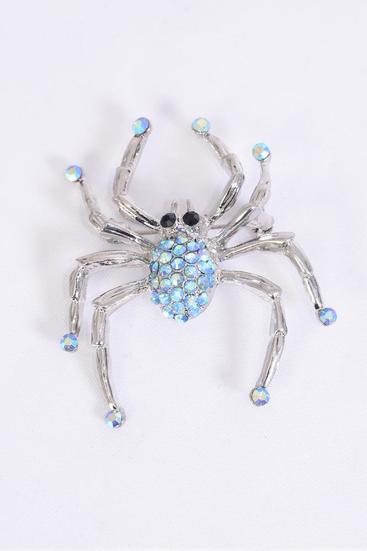 Brooch Spider Iridescent Color Rhinestones / PC Aqua , Size-2"x1.5" Wide , Display Card & OPP Bag & UPC Code