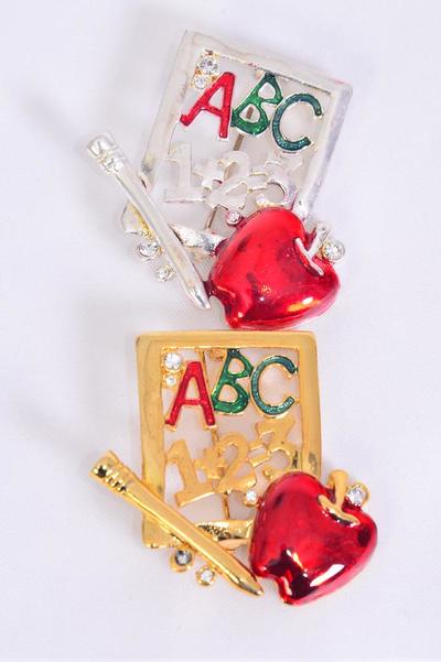 Brooch Enamel Apple Rhinestones ABC 123 Note  Pad / 12 pcs = Dozen Size - 1.5" x 1.25" Wide , Velvet Card & Opp Bag  , Choose Gold or Silver or Asst Colors