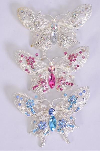 Brooch Large Butterfly Rhinestones / PC Size-3''x 2.25'' Wide , Display Card & OPP Bag , Choose Colors