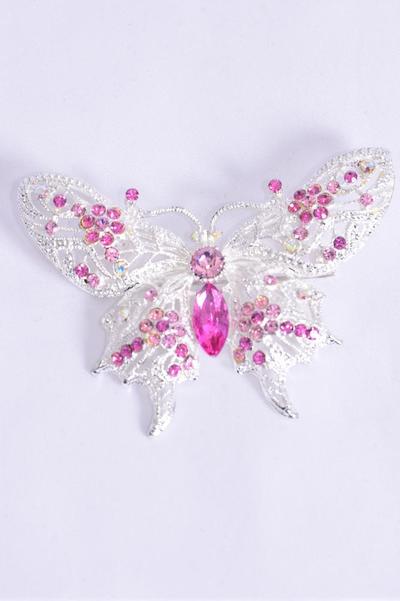 Brooch Large Butterfly Rhinestones / PC Size - 3'' x 2.25'' Wide , Display Card & OPP Bag , Choose Colors