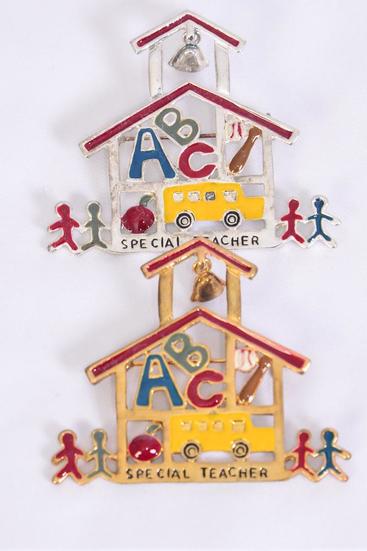 Brooch Enamel ABC School House Gold Silver Asst / 12 pcs = Dozen Asst , Size - 2" x 1.75" Wide , 6 Gold, 6 Silver Asst , Velvet Card & Opp Bag & UPC Code
