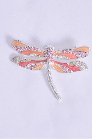 Brooch Dragonfly Enamel Rhinestones Silver Pink / 12 pcs = Dozen Pink Silver ,  Size - 2" x 1" Wide , UPC Code & Come W Gift Box