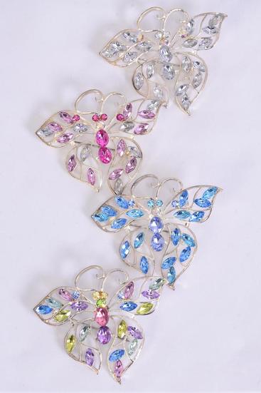 Brooch Butterfly Asst Color Stones / 12 pcs = Dozen Asst , Size - 2.25" x 2" Wide , 4 Pastel , 4 Clear , 4 Pink color Asst , OPP Bag