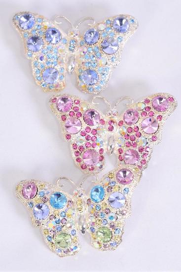 Brooch Butterfly Rhinestones / PC Size - 2" x 1.5" Wide , Display Card & OPP Bag , Choose Colors