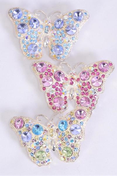 Brooch Butterfly Rhinestones / PC Size - 2" x 1.5" Wide , Display Card & OPP Bag , Choose Colors