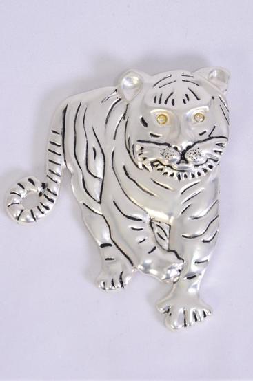 Brooch Tiger Pin Matte Silver Finish/PC **Silver** Size-3"x 2.5" Wide,Velvet Card & OPP Bag