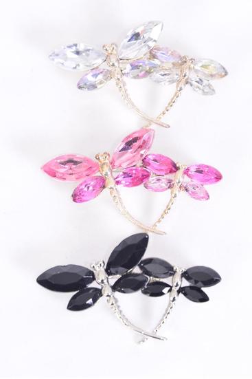 Brooch Dragonflys Glass Crystal / 12 pcs = Dozen Size - 1.75" x 1" Wide , Display Card & OPP Bag , Choose Colours
