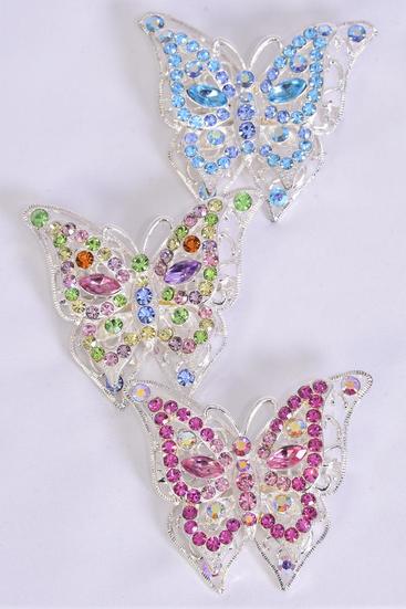 Brooch Butterfly Large Rhinestones / 12 pcs = Dozen Size - 2" x 2" Wide , Display Card & OPP Bag , Choose Colors