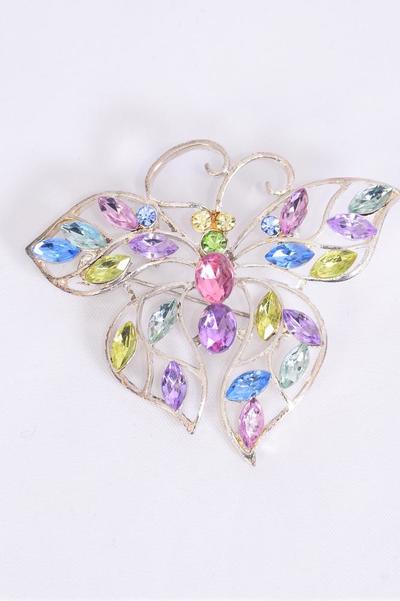 Brooch Butterfly Color Stones / 12 pcs = Dozen Size - 2.25" x 2" Wide , OPP Bag , Choose Colors