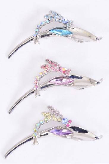 Brooch Dragonfly Rhinestones Multi / 12 pcs = Dozen Multi, Size - 2.5" x 1" Wide , 4 Pastel ,4 Blue , 4 Pink Color Asst , Gift Box 