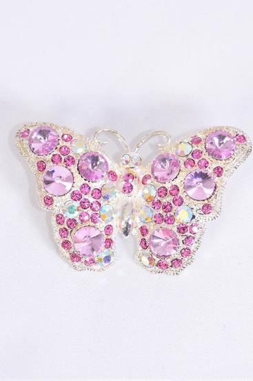 Brooch Butterfly Rhinestones Pink / PC Pink , Size - 2" x 1.5" Wide , Display Card & OPP Bag
