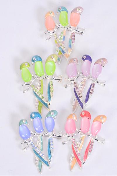 Brooch 3 Birds Parrot Cat eye w Rhinestones / 12 pcs = Dozen Size - 2.5" x 1.5" Wide , Choose Colors , w Display Card