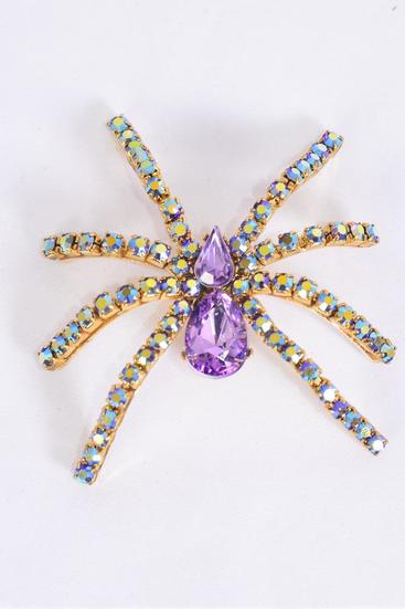 Brooch Spider Rhinestones Lavender Gold/PC **Lavender** Size 2.5"x 2.25" Wide,Come Gift Box W UPC Code