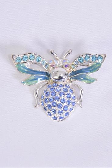 Brooch Bee Enamel Rhinestones Blue / PC Size-1.75"x 1.25" Wide , OPP Bag