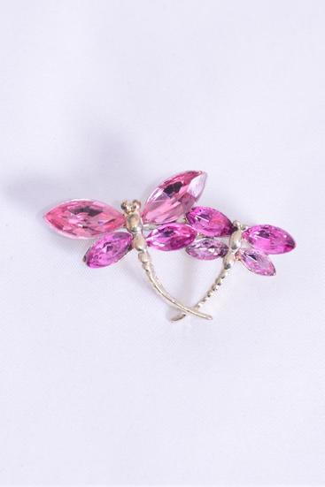 Brooch Dragonfly Glass Crystal Pink/ 12 pcs = Dozen Pink , Size - 1.75" x 1" Wide , Display Card & OPP Bag