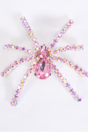 Brooch Spider Iridescent Rhinestones Pink / 12 PCS = Dozen Pink , Size - 2.5" x  2.25" Wide , Come Gift Box 