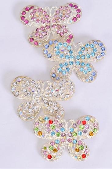 Brooch Butterfly Rhinestones / 12 pcs = Dozen Size - 2" x 1.25" Wide , W OPP Bag , Choose Colors