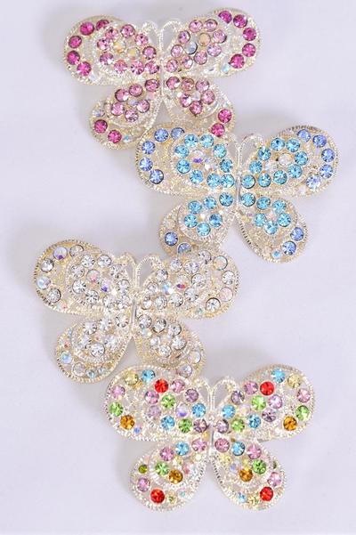 Brooch Butterfly Rhinestones / 12 pcs = Dozen Size - 2" x 1.25" Wide , W OPP Bag , Choose Colors