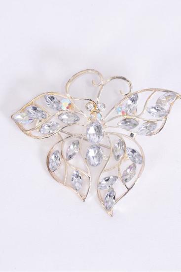 Brooch Butterfly Clear Color Stones / 12 pcs = Dozen Clear , Size - 2.25" x 2" Wide , W OPP Bag