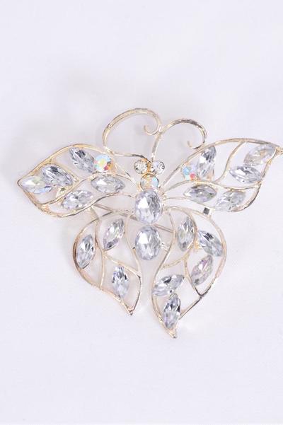Brooch Butterfly Color Stones / 12 pcs = Dozen Size - 2.25" x 2" Wide , OPP Bag , Choose Colors