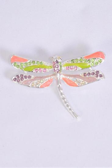 Brooch Dragonfly Enamel Rhinestones Silver Pastel / 12 pcs = Dozen Silver Pastel  , Size - 2" x 1" Wide ,  Come W Gift Box