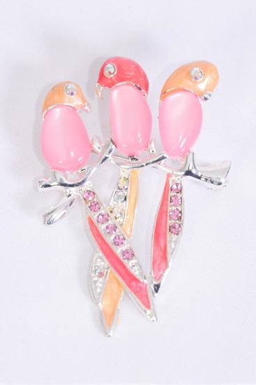 Brooch 3 Birds Parrot Cat eye w Rhinestones Pink / 12 pcs = Dozen Pink , Size - 2.5" x 1.5" Wide , Come W Gift Box