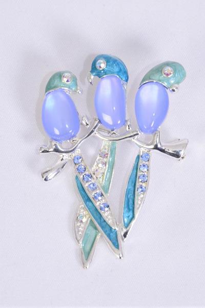 Brooch 3 Birds Parrot Cat eye w Rhinestones / 12 pcs = Dozen Size - 2.5" x 1.5" Wide , Choose Colors , w Display Card