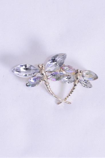 Brooch Dragonfly Glass Crystal Clear / 12 pcs = Dozen Clear , Size - 1.75" x 1" Wide , Display Card & OPP Bag