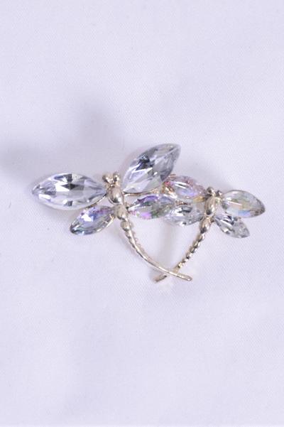 Brooch Dragonflys Glass Crystal / 12 pcs = Dozen Size - 1.75" x 1" Wide , Display Card & OPP Bag , Choose Colours