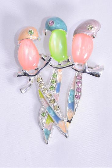 Brooch 3 Birds Parrot Cat eye w Rhinestones Pastel / 12 pcs = Dozen Pastel , Size - 2.5" x 1.5" Wide , Come W Gift Box & UPC Code