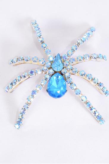 Brooch Spider Iridescent Rhinestones Blue / 12 PCS = Dozen Blue , Size - 2.5" x 2.25" Wide , Come W Gift Box 