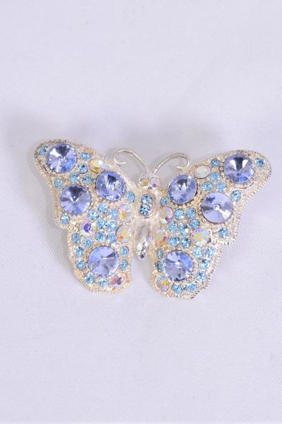 Brooch Butterfly Rhinestones / PC Size - 2" x 1.5" Wide , Display Card & OPP Bag , Choose Colors