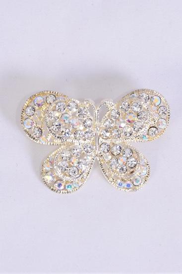 Brooch Butterfly Rhinestones Clear / 12 pcs = Dozen   Clear , Size - 2" x 1.25" Wide , OPP Bag