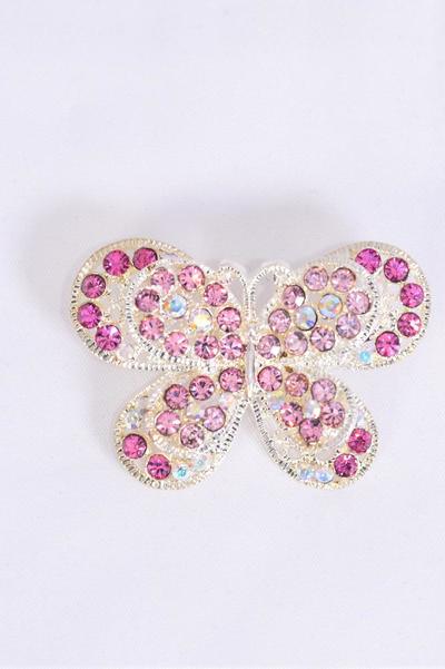 Brooch Butterfly Rhinestones / 12 pcs = Dozen Size - 2" x 1.25" Wide , W OPP Bag , Choose Colors