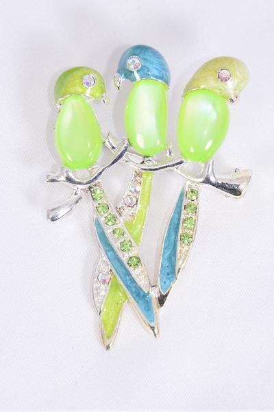 Brooch 3 Birds Barrot Enamel Cateye & Rhinestone / PC Size-2.5"x1.5" Wide , Choose Colors