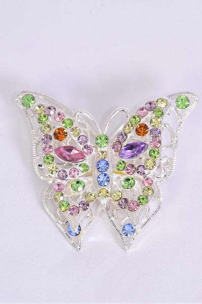Brooch Butterfly Large Rhinestones / 12 pcs = Dozen Size - 2" x 2" Wide , Display Card & OPP Bag , Choose Colors