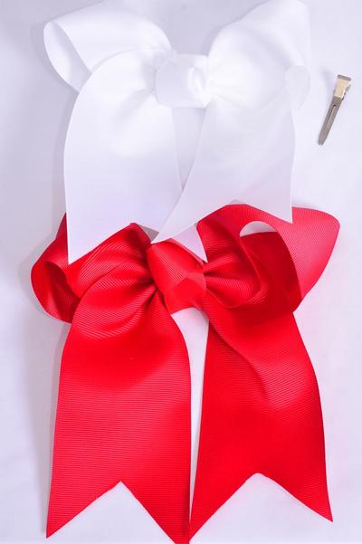 Hair Bow Extra Jumbo Long Tail Cheer Type Bow Red & White Mix Grosgrain Bow-tie / 12 pcs Bow = Dozen Alligator Clip , Size - 6.5" x 6" Wide , 6 Red , 6 White Asst , Clip Strip & UPC Code
