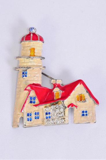 Brooch Enamel Lighthouse W Rhinestones / 12 Pcs = Dozen Size -2 " x 1.75" Wide , Velvet Display Card & Opp Bag & UPC Code