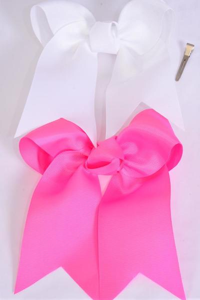 Hair Bow Extra Jumbo Long Tail Cheer Type Bow Hot Pink & White Grosgrain Bow-tie / 12 pcs Bow = Dozen Alligator Clip , Size-6.5"x 6" Wide , 6 White , 6 Hot Pink Color Asst , Clip Strip & UPC Code