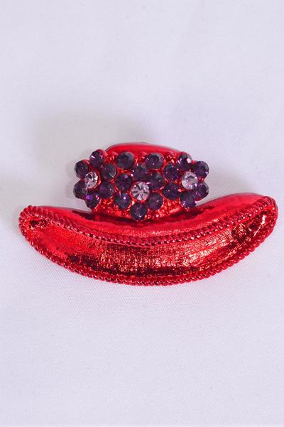 Brooch Red Hat Enamel Rhinestones / 12 pcs = Dozen Size - 2" x 1.25" Wide , Display Card & OPP Bag