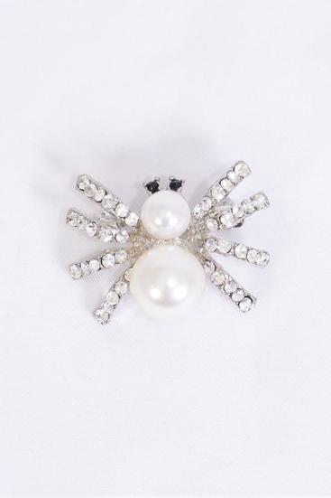 Brooch Spider Silver White Pearl Rhinestones/PC **Silver** Size-1.25"x 1" Wide,Display Card & OPP Bag & UPC Code