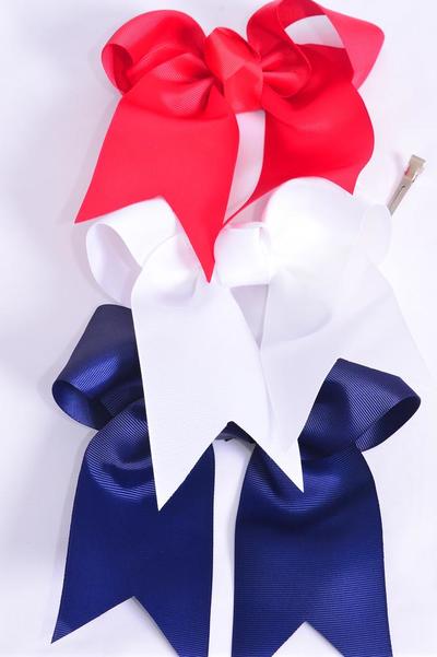 Hair Bow Extra Jumbo Long Tail Cheer Type Bow Red White Navy Mix Grosgrain Bow-tie / 12 pcs Bow = Dozen Alligator Clip,Size-6.5"x 6" Wide,4 Red,4 White,4 Navy Color Asst,Clip Strip & UPC Code