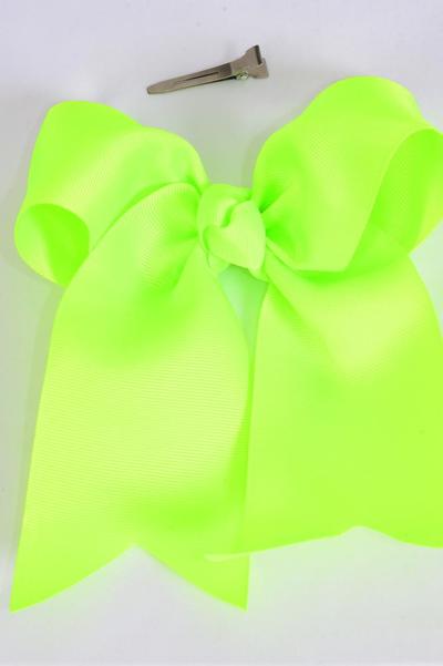 Hair Bow Extra Jumbo Long Tail Cheer Type Bow Neon Green Grosgrain Bow-tie / 12 pcs Bow = Dozen  Neon Green , Alligator Clip , Size-6.5"x 6" Wide , Clip Strip & UPC Code