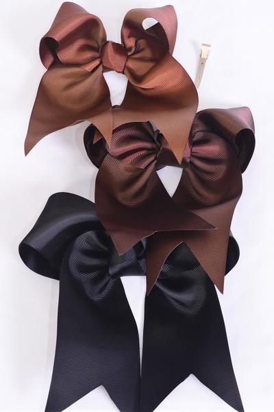 Hair Bow Extra Jumbo Long Tail Cheer Type Bow Browntone Mix Grosgrain Bow-tie / 12 pcs Bow = Dozen Brown Tone Mix , Alligator Clip , Size - 6.5" x 6" Wide , 4 Of each Pattern Asst , Clip Strip & UPC Code