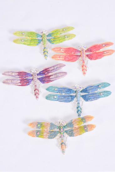 Brooch Enamel Dragonfly Rhinestones / 12 pcs = Dozen Size - 3.5'' x 2'' Wide , Opp Bag & UPC Code , Choose Colors