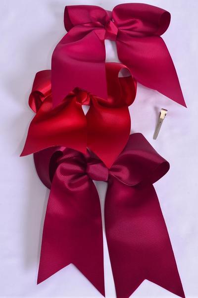 Hair Bow Extra Jumbo Long Tail Cheer Type Bow Burgundy Alligator Clip Grosgrain Bow-tie / 12 pcs Bow = Dozen Burgundy Mix , Size - 6.5" x 6" Wide , Alligator Clip , 4 Wine , 4 Burgundy , 4 Rose Wine Color Asst , Clip Strip & UPC Code
