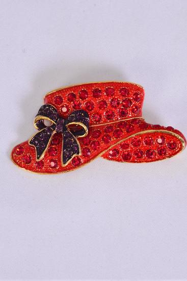 Brooch Red Hat Rhinestones/PC Size-2.25"x1.25" Wide,Display Card & OPP Bag